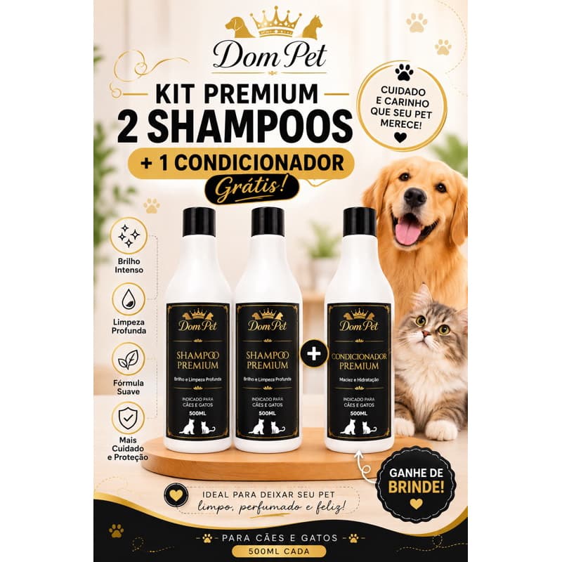 Kit com dois Shampoo e leva grátis um Condicionador Dom Pet 500ml Uso Pet Shop e Residencial cães, gatos e cachorro