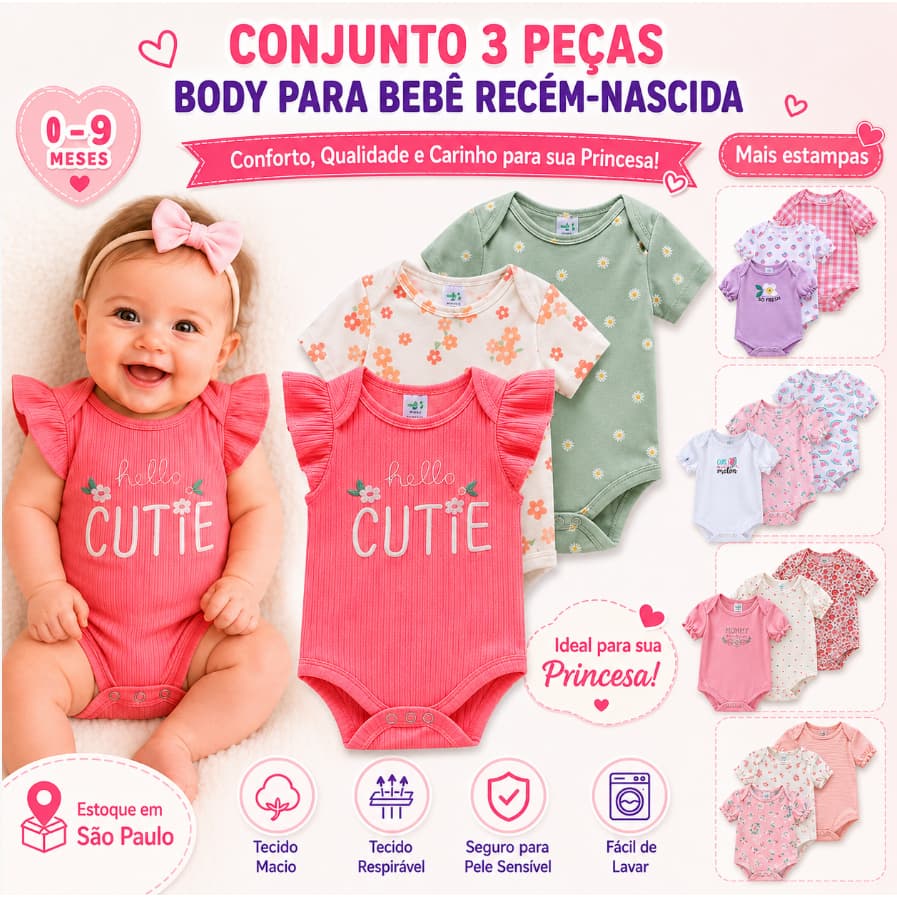 Kit 3 Bodies Bebê Menina Manga Curta Babado Floral Hello Cutie Roupa Infantil 0 a 9 Meses