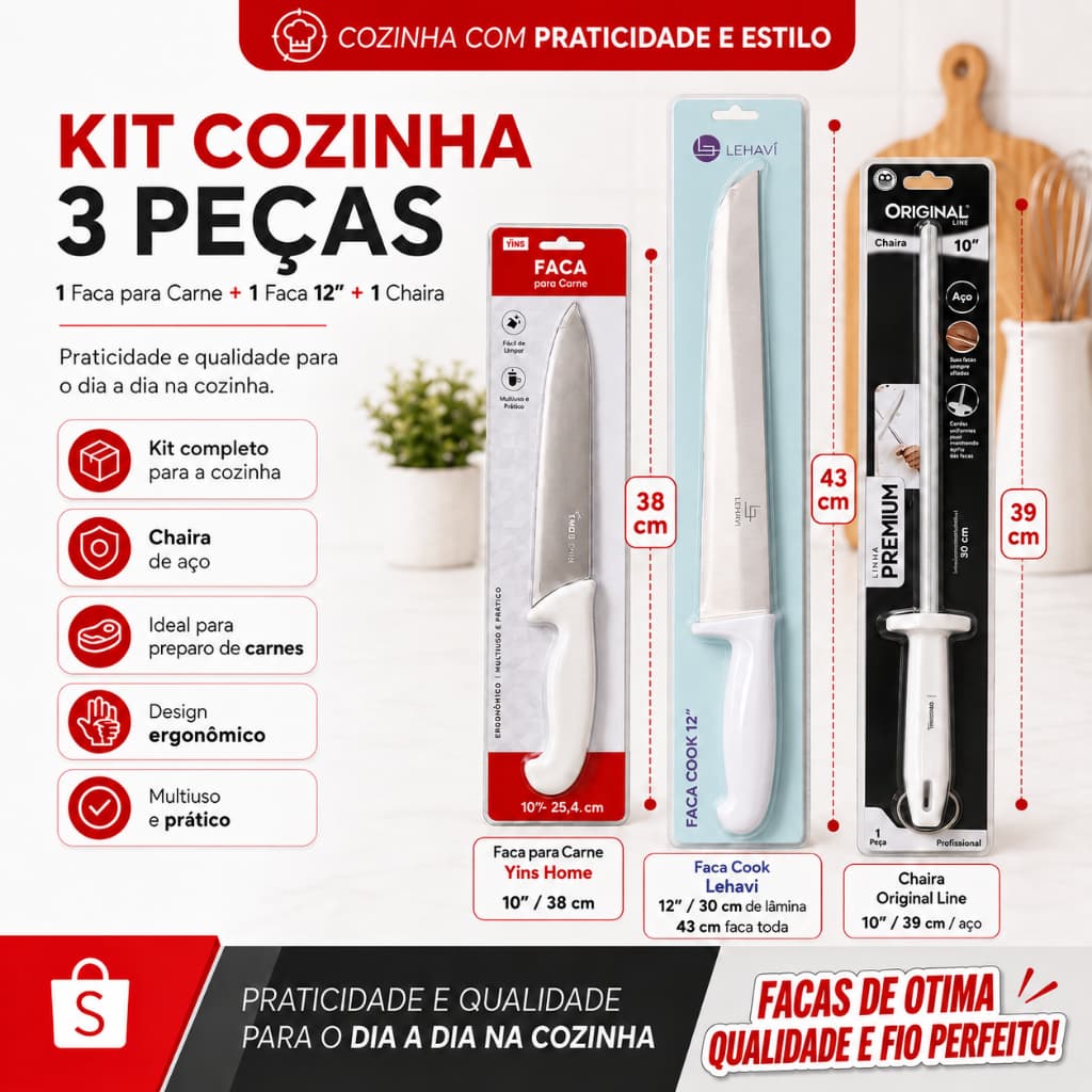 Kit Facas Cozinha 3 Peças Faca Carne 10” Faca Chef 12” Chaira Aço Profissional Utensílios Churrasco Kit Completo Premium