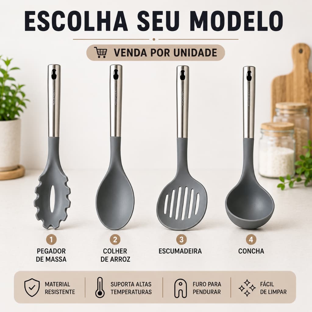 Jogo de Cozinha de Nylon e Aço Inox
