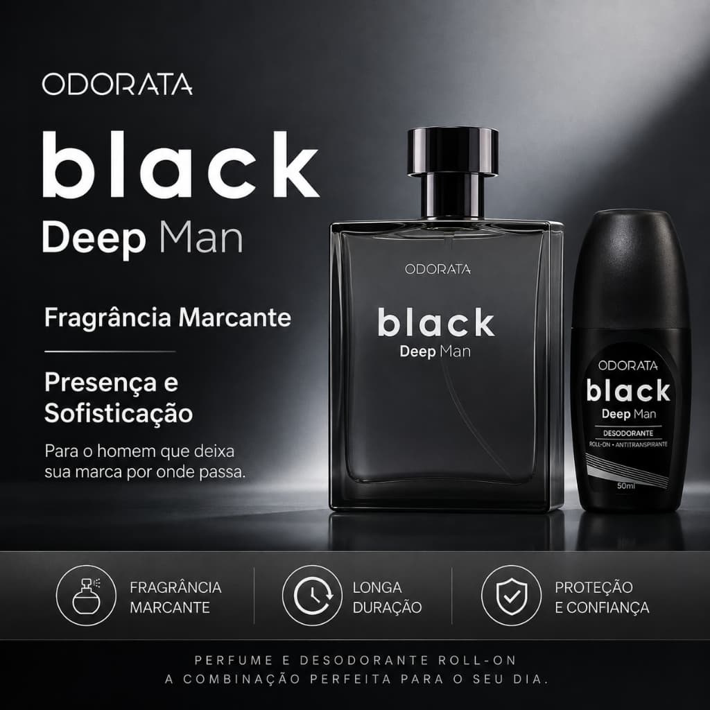 Kit Perfume E Desodorante Roll-on Masculino Black Deep Man Odorata Fragrância Marcante E Sofisticada