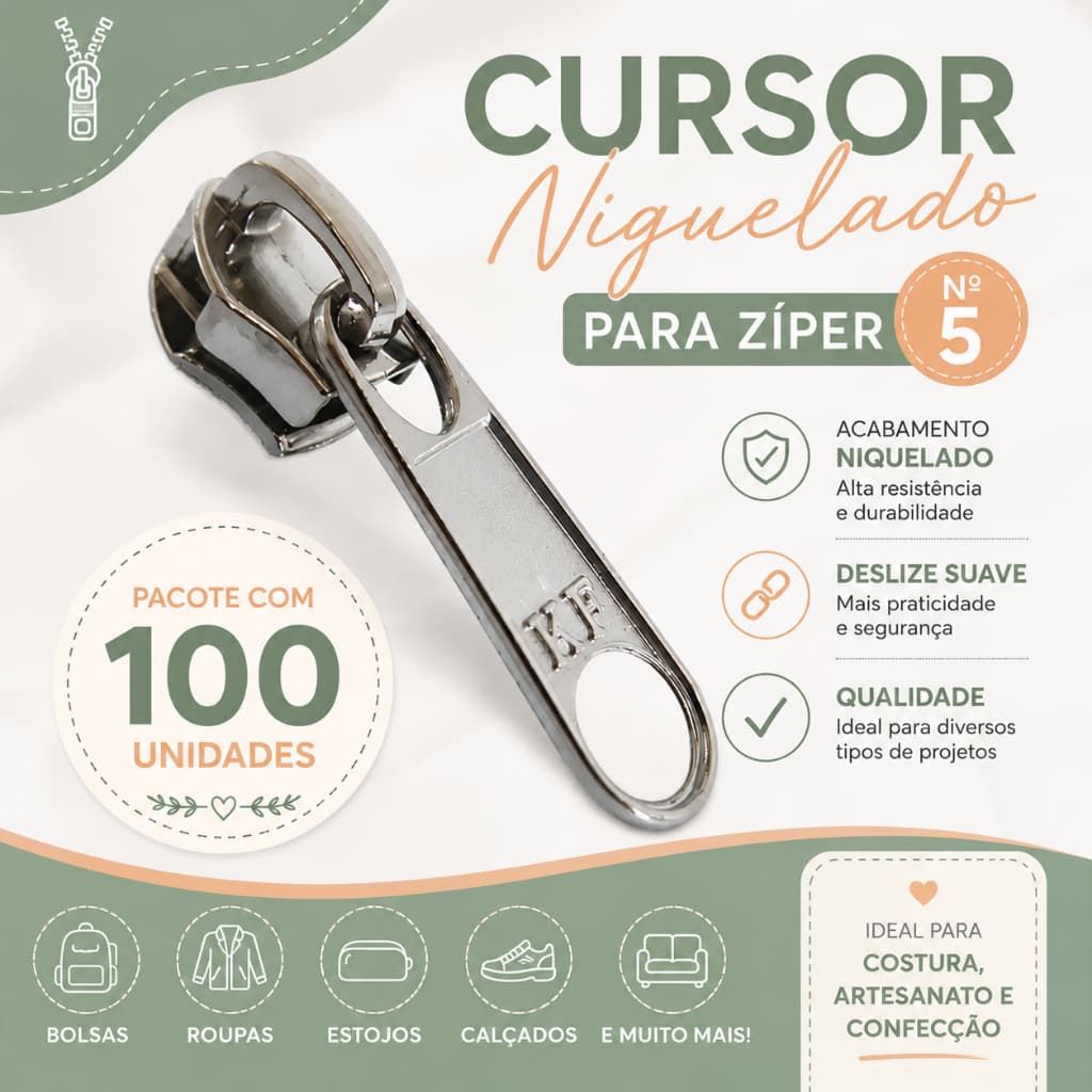 Cursor Niquelado para Ziper N° 5 pacote com 100 unidades