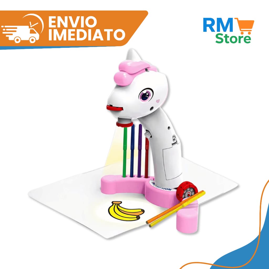 Projetor de Desenho Infantil Unicórnio com 6 Canetinhas 24 Imagens para Desenhar