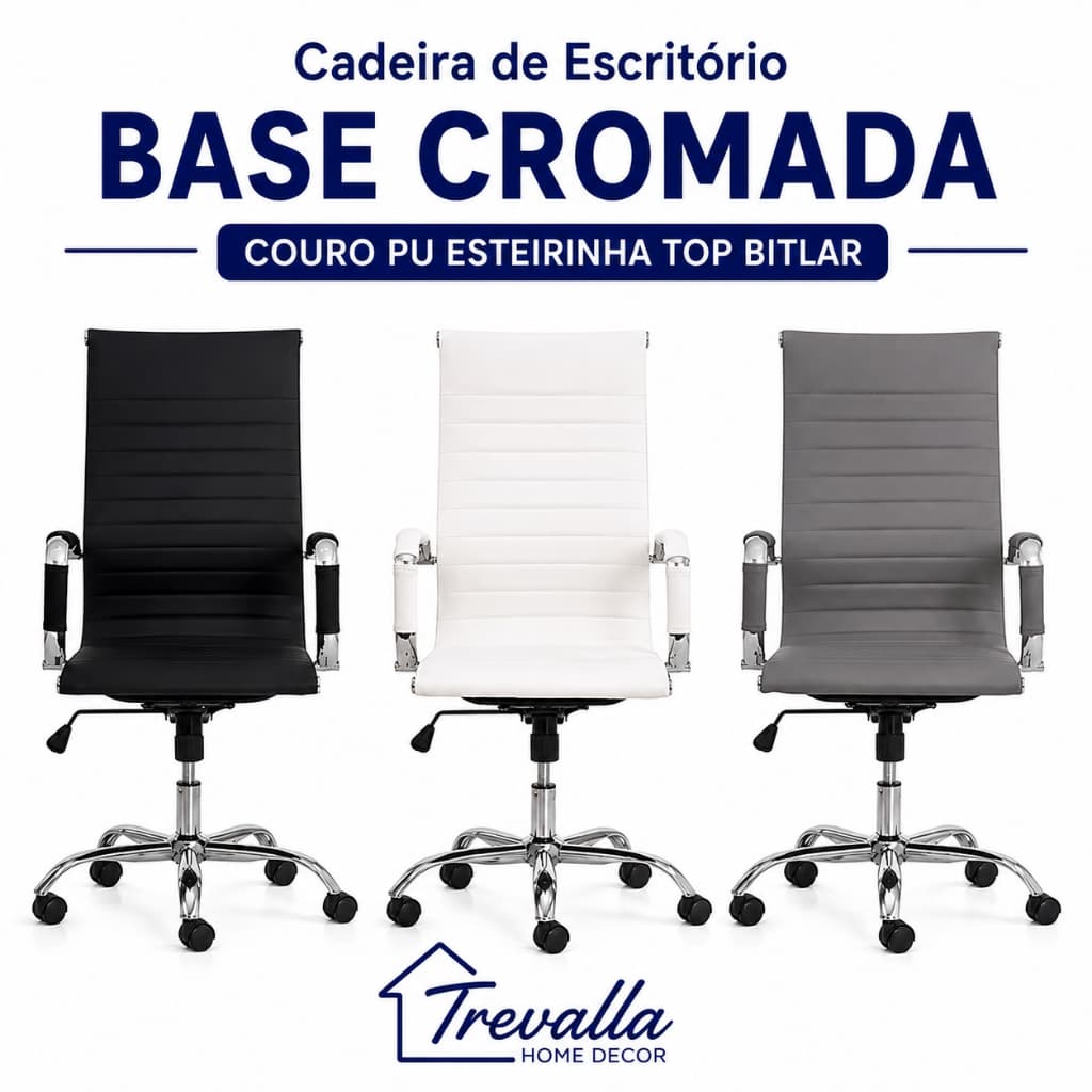 Cadeira de Escritório Base Cromada Couro Pu Esteirinha Top Bitlar
