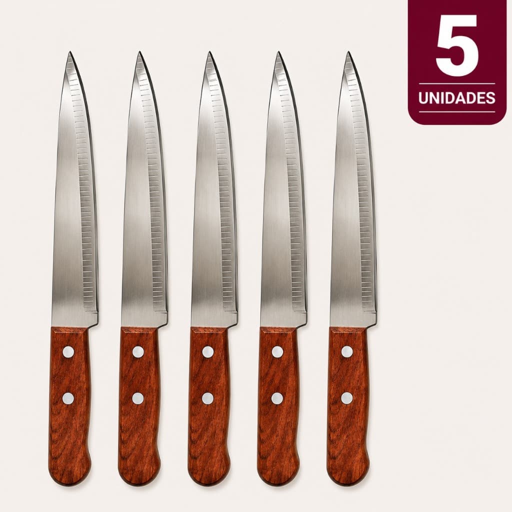 Kit 5 Faca De Cozinha 6” 26cm Aço Inox Cabo De Bambu Afiadas Para Carnes Churrasco Profissional