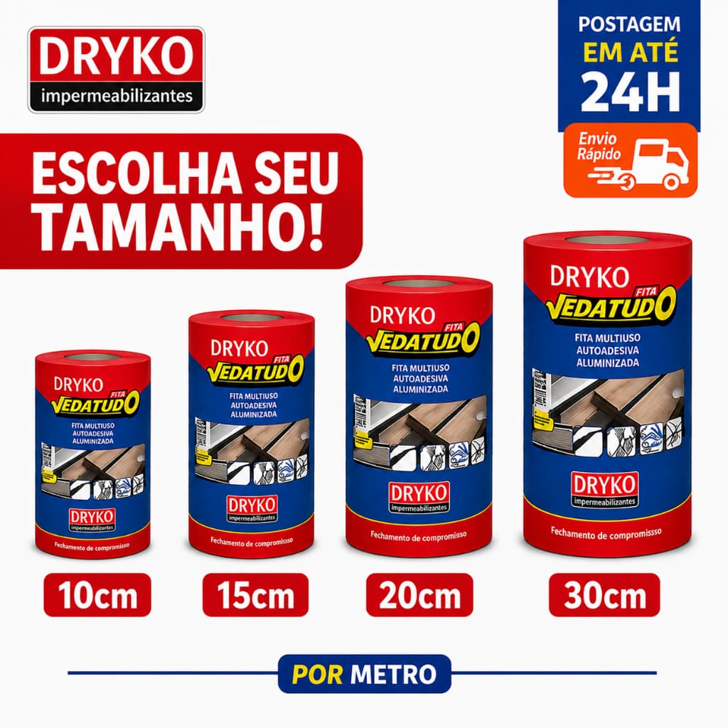 Fita Multiuso Manta Asfáltica Adesiva Dryko Por Metro Reparo Rufo Calha Telhado Trinca Laje Veda Tudo 10cm 15cm 20cm 30
