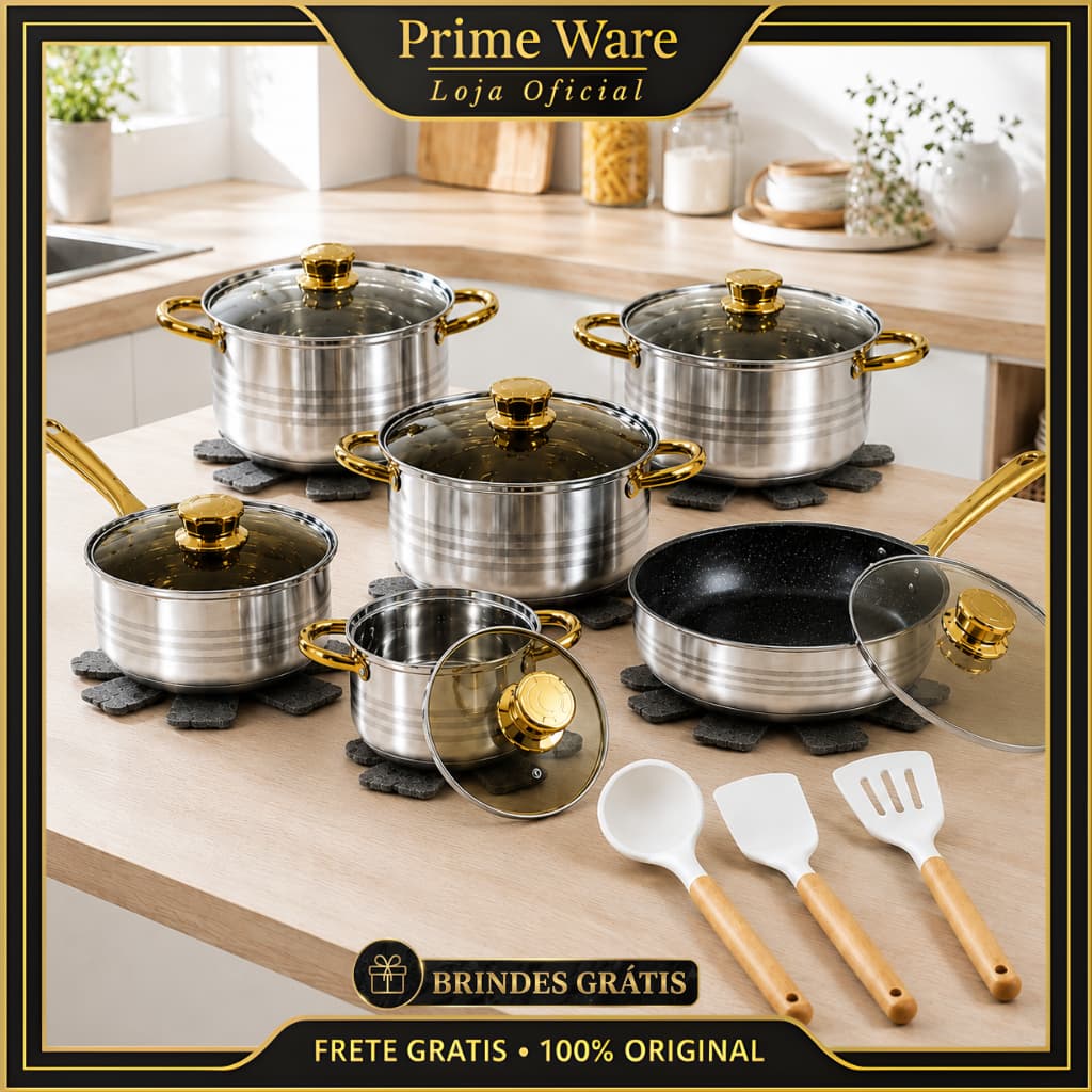 Jogo de Panelas 12 Peças Antiaderente Premium com Panela Frigideira, Caçarolas Tampa Inox e Utensillos