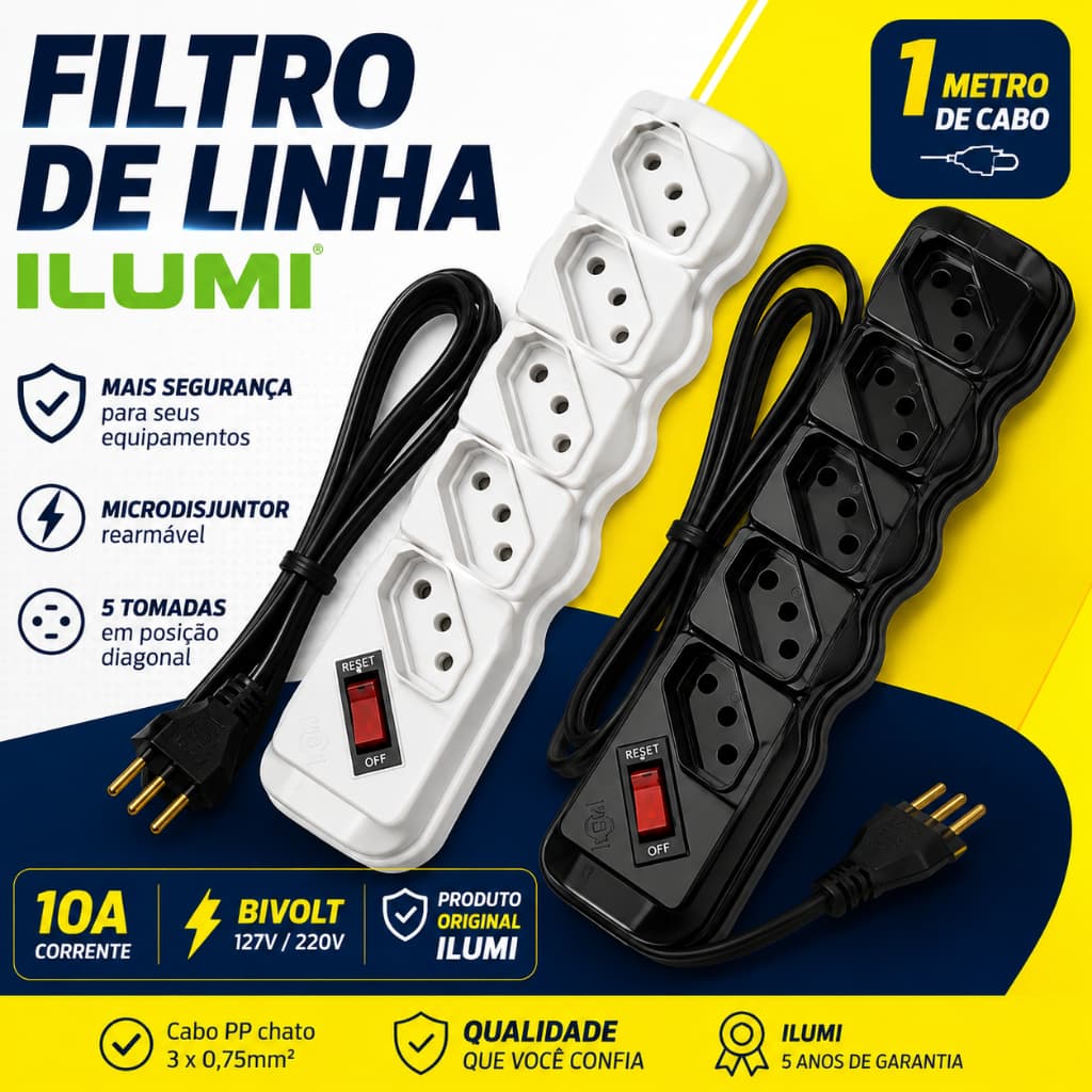 Filtro de Linha Ilumi 5 Tomadas 10A Bivolt 1 Metro com Microdisjuntor Branco ou Preto