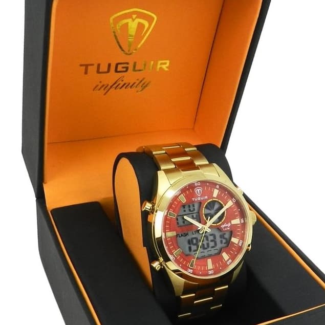 Relógio Masculino de Aço Tuguir AnaDigi Infinity GCS-1265 Dourado e Vermelho (Resistente à água 5ATM, Vintage, Luxuoso)
