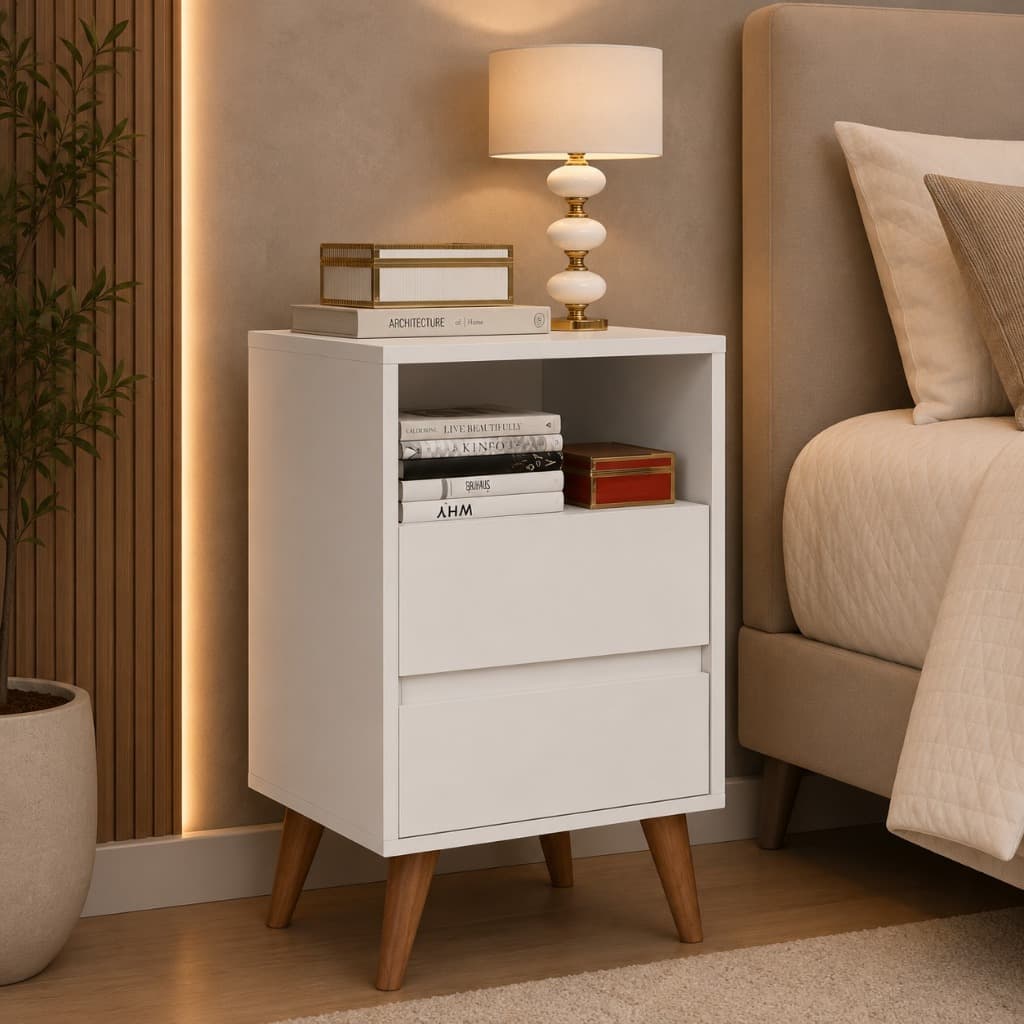 Mesa De Cabeceira Moderna Com Nicho Organizador 2 Gavetas Amplas Pés Palito Em Madeiraa Mesa Lateral Multiuso