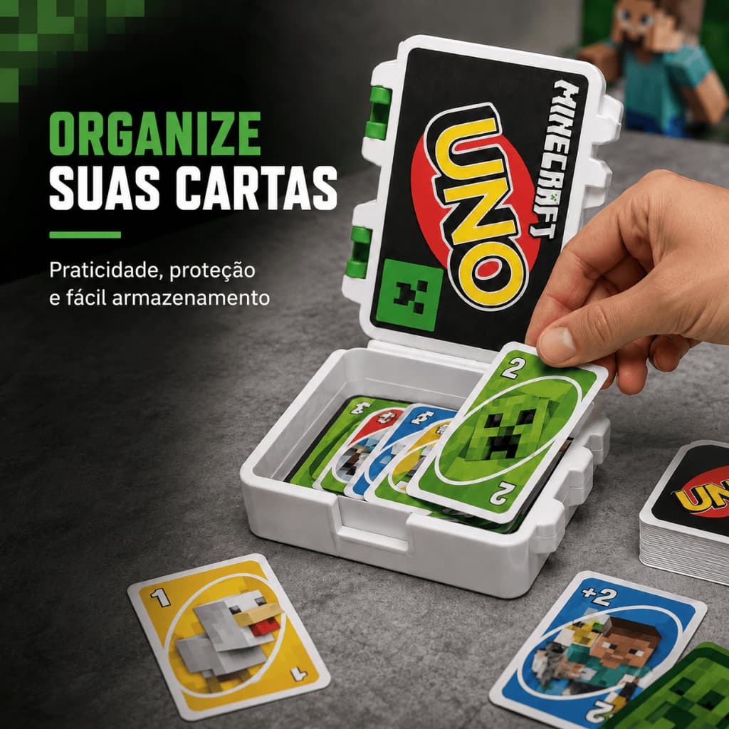 Caixa Box para Uno Baralho Minecraft Porta Cartas - Proteção/Organizador Geek Fã Premium Plus
