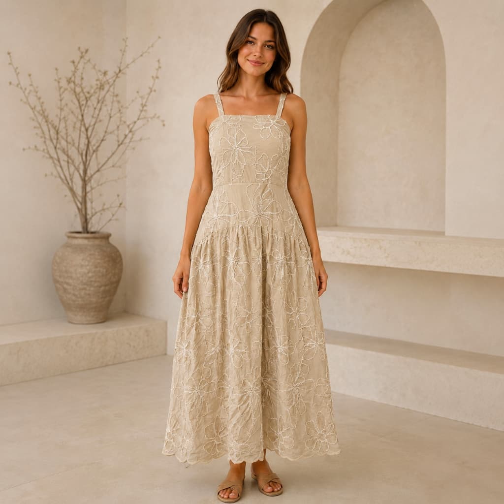 Vestido Longo Feminino Bordado Floral Elegante com Alças e Saia Ampla