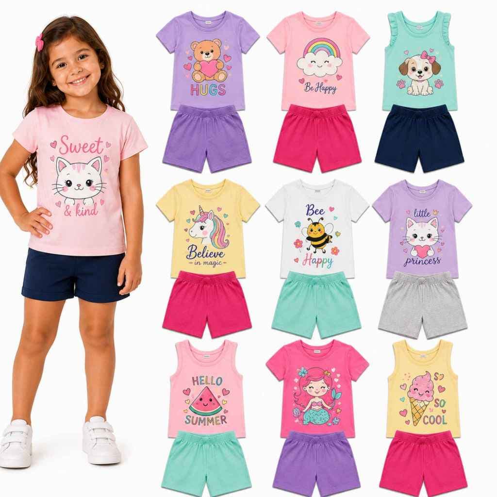 Kit 6 Peças Conjunto Verão 3 Camisetas + 3 Shorts Infantil Feminino/Menina Estampa Sortida