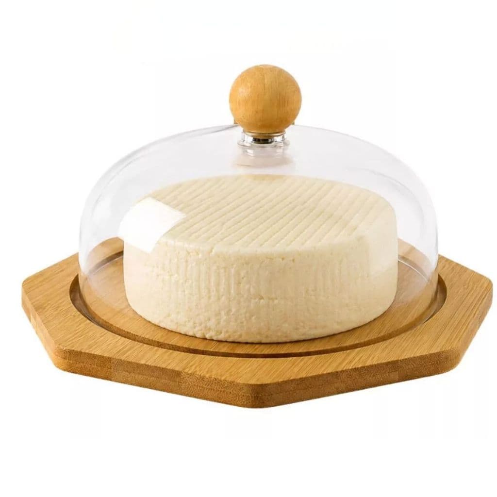 Mini Queijeira Bambu Com Tampa Acrílica 16cm Porta Queijo Redonda