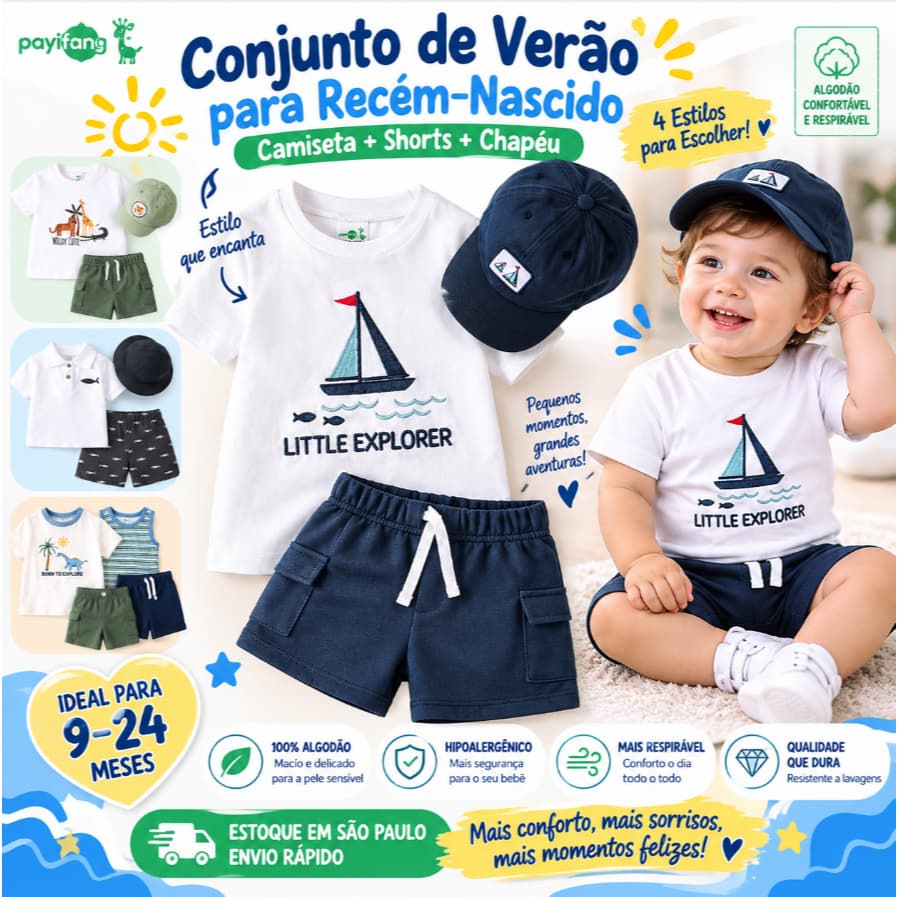 Conjunto Bebê Menino 3 Peças 60% Algodão 40% Poliéster Camiseta Shorts Boné Roupa Infantil Verão 9 a 24 Meses