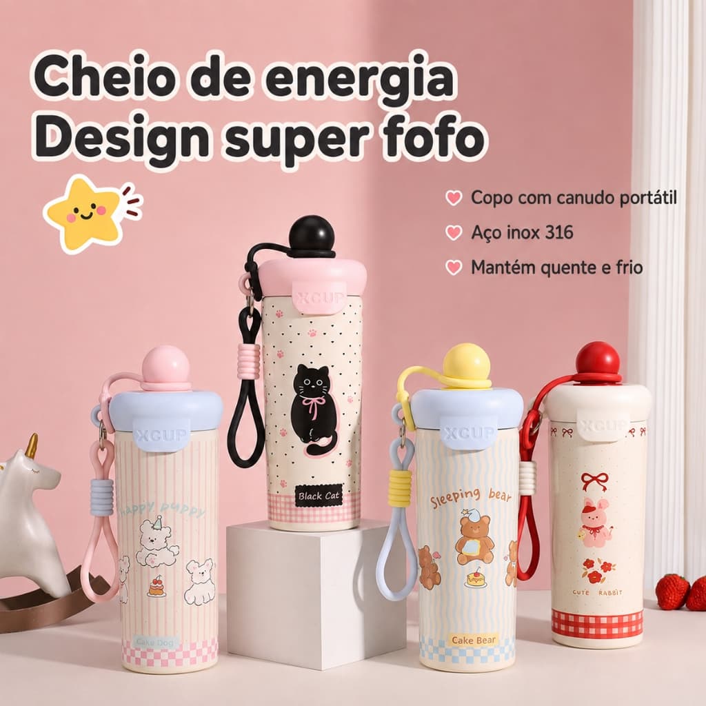Eletromex Copo Térmico 600ml Aço Inox 316 com Canudo Estampa Fofa Portátil para Dia a Dia