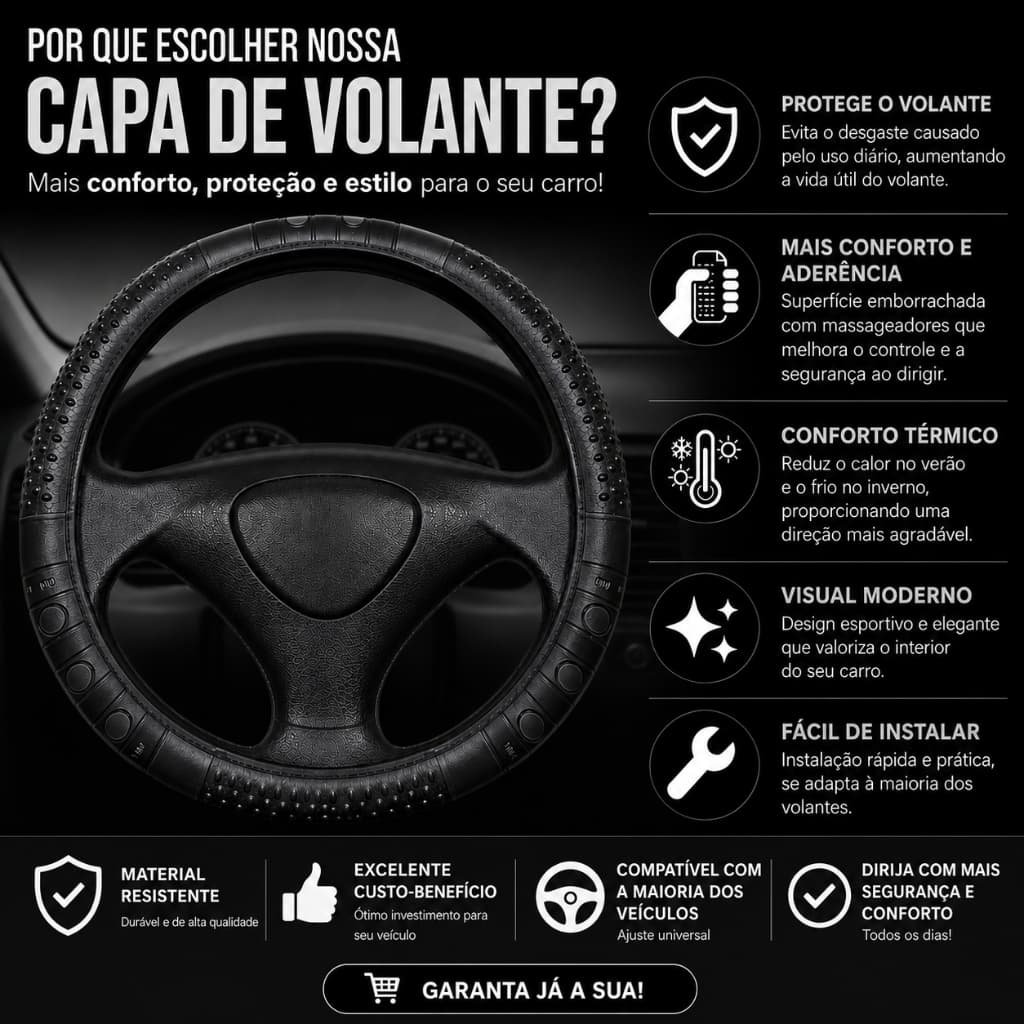 Capa Volante Carro Universal em Borracha Antiderrapante - Proteção e Conforto Premium