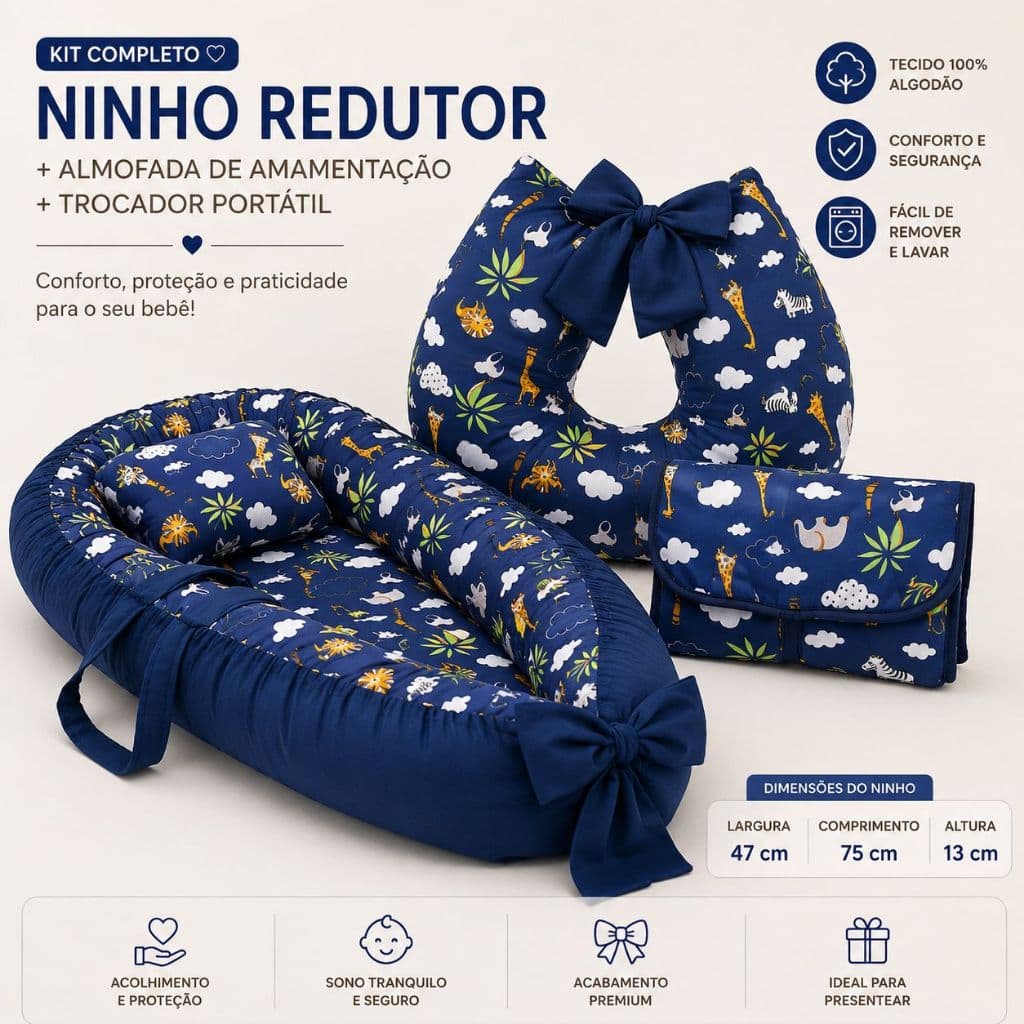 Kit Ninho + Almofada Amamentação + Trocador de Fraldas Linha Safari