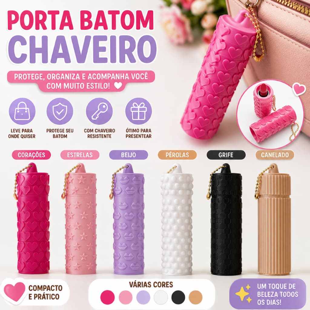 Porta Batom Chaveiro 3D Premium | Porta Batom de Bolsa com Argola | Vários Modelos e Cores