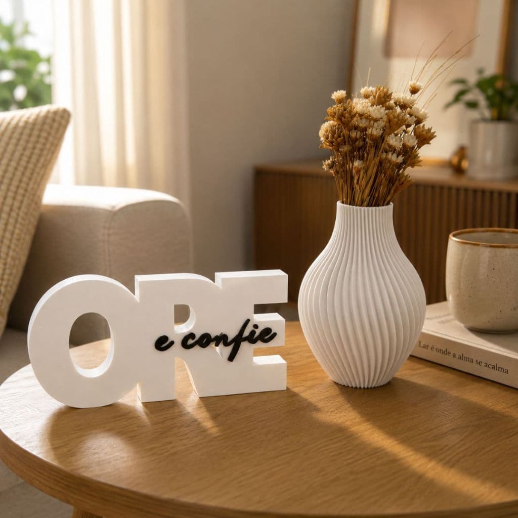 Kit Decorativo Ore e Confie Letreiro Vaso Enfeite Escultura Decoração Estante Rack Escritório