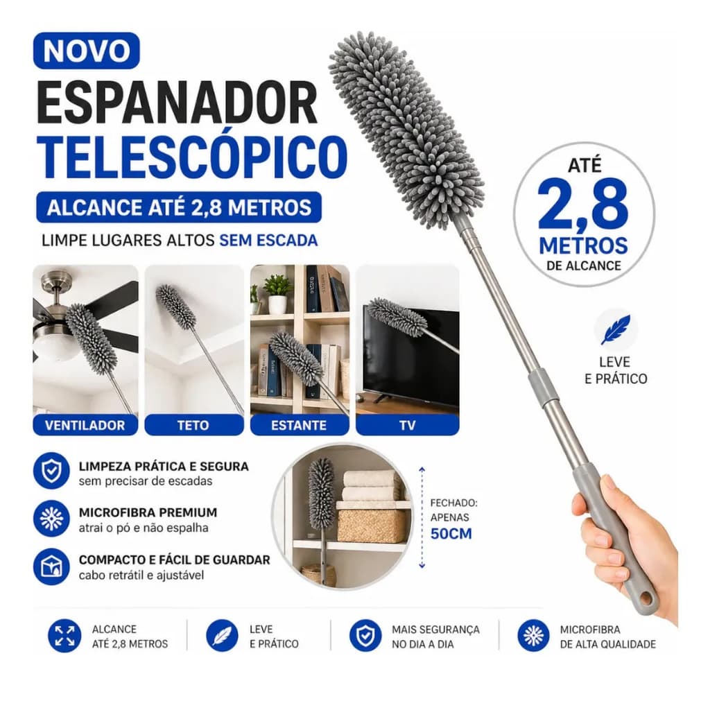 Espanador Telescópico MaioliWood 2,8m Limpa Bem Sem Escada Prático Resistente Microfibra Não Risca Espanador Extensível