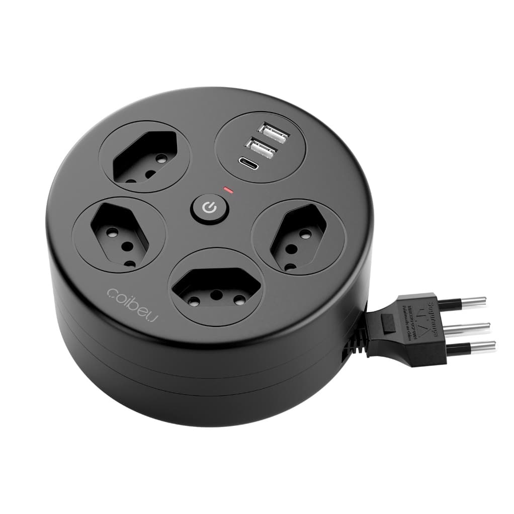Extensão Elétrica Retrátil Circular 4 Tomadas + USB‑A USB‑C 2200W Proteção contra Sobrecarga