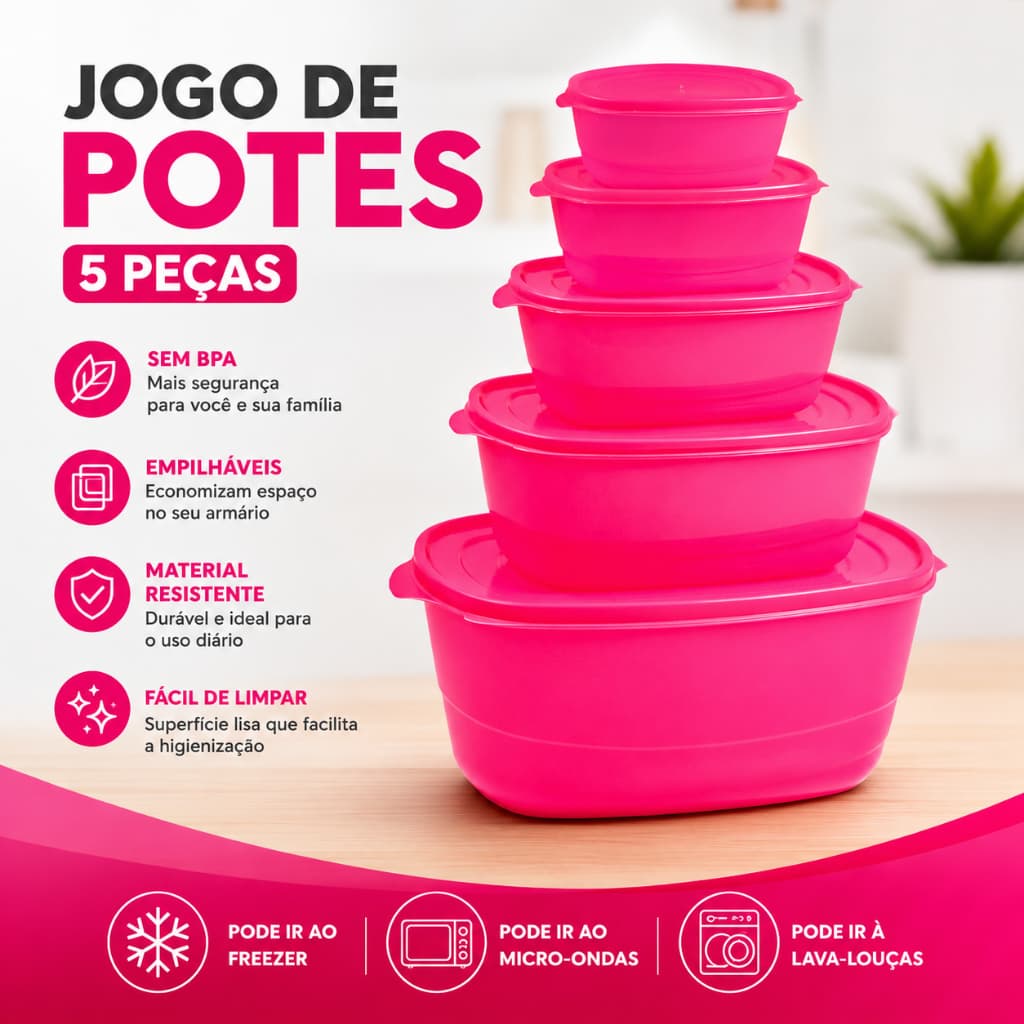 Kit com 5 Vasilhas de Plástico Retangulares Neon Multiuso Potes Mantimentos Cozinha Utilidades