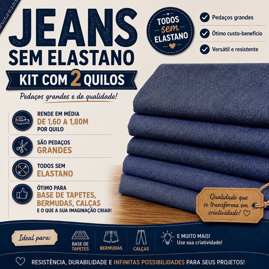 Kit 2kg Retalho Jeans Sem Elastano Pedaços Grandes – Base Tapetes, Calças, Bermudas e Artesanato