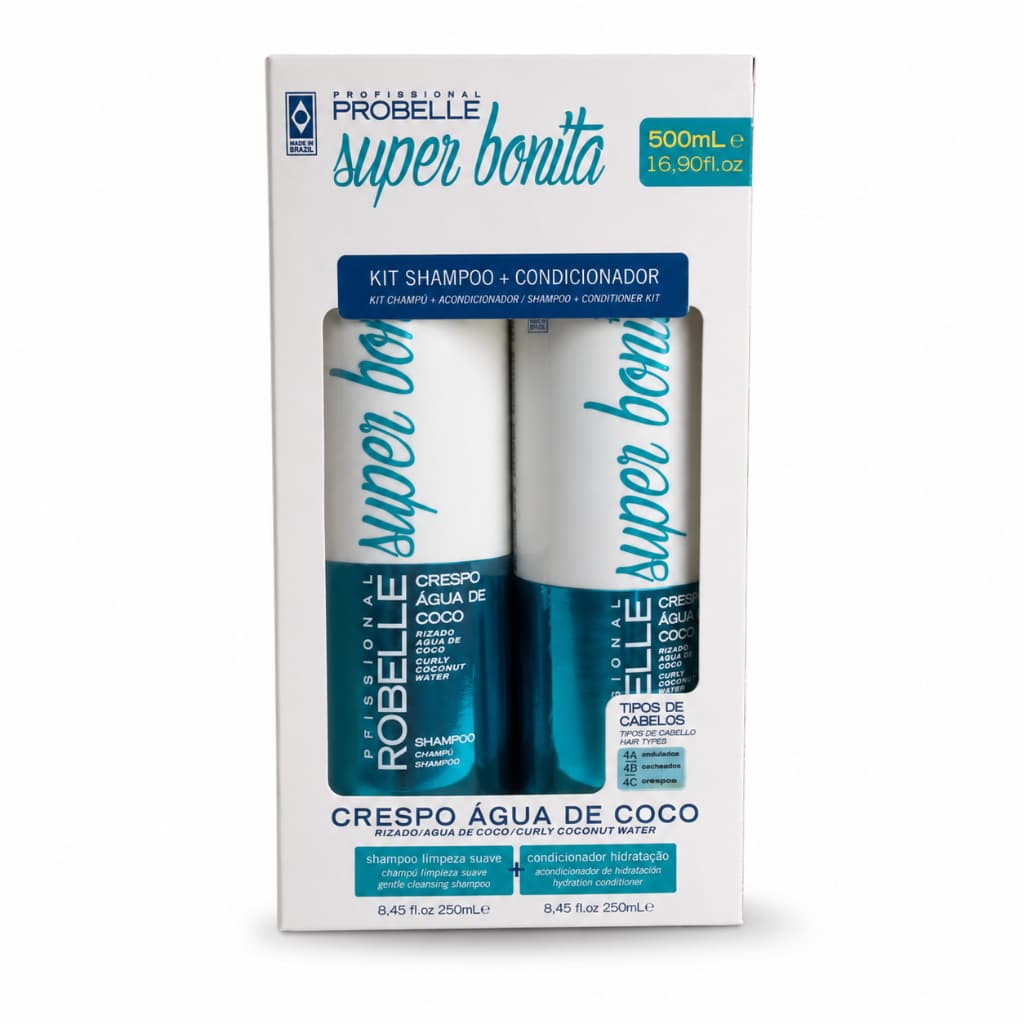 Kit Probelle Super Bonita Crespo Água de Coco Shampoo + Condicionador 250ml Cabelos 4A 4B 4C