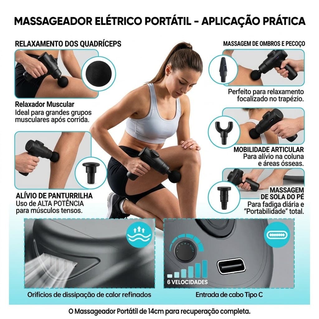 Massageador Elétrico Portátil 14cm Alta Potência 6 Velocidades Relaxamento Muscular