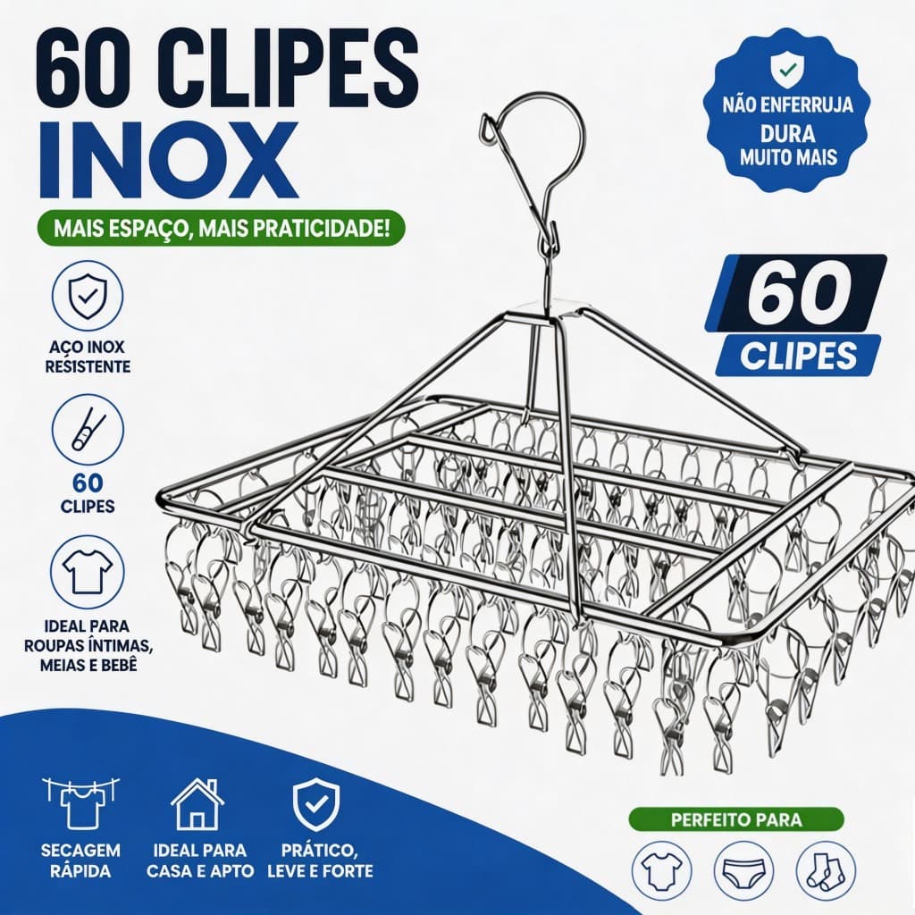 Cabide Varal Retrátil Dobrável 40/60 Clips Inox Prendedores Roupa Íntima Pequena Cueca Bebe Pratico