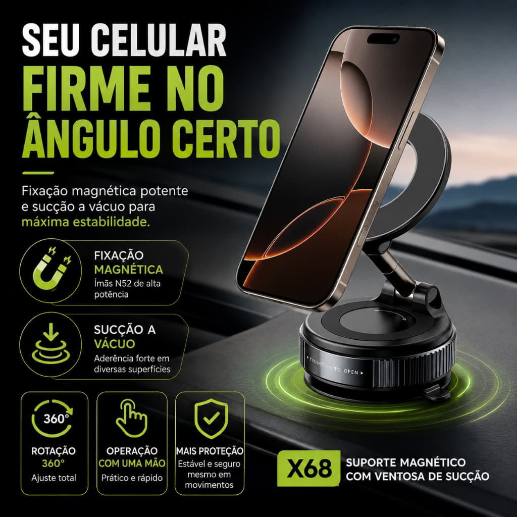 Suporte Magnético para Celular 360° com Ventosa de Sucção e Base a Vácuo XLS