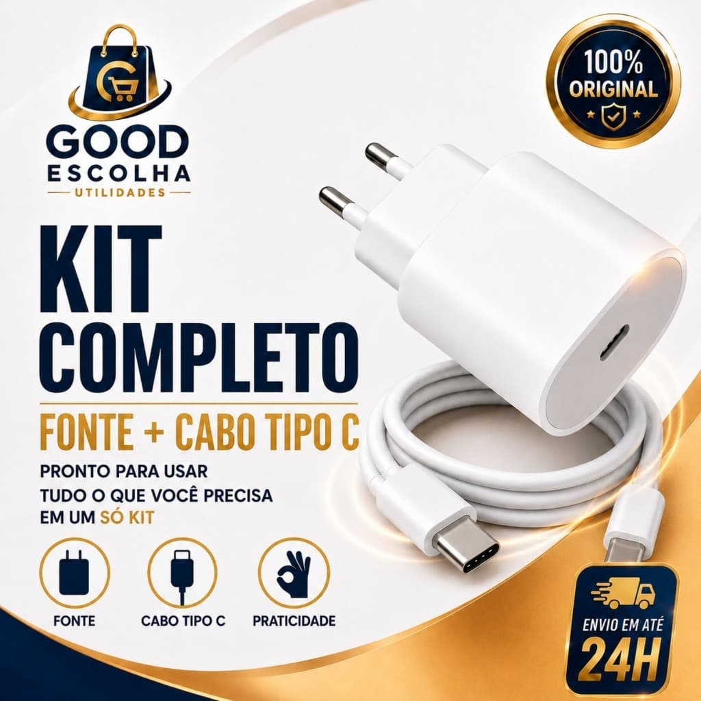 Kit Carregador Fonte + Cabo Tipo C USB-C Carregamento Rápido para Celular Android e IOS