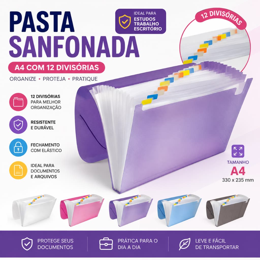 Pasta Sanfonada Line A4 12 Divisórias 330x235mm