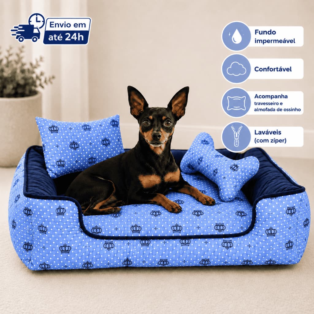 Cama Pet Luxo Realeza Azul Caminha para Cachorro e Gato Fundo Impermeável Lavável com Zíper + Almofada e Ossinho