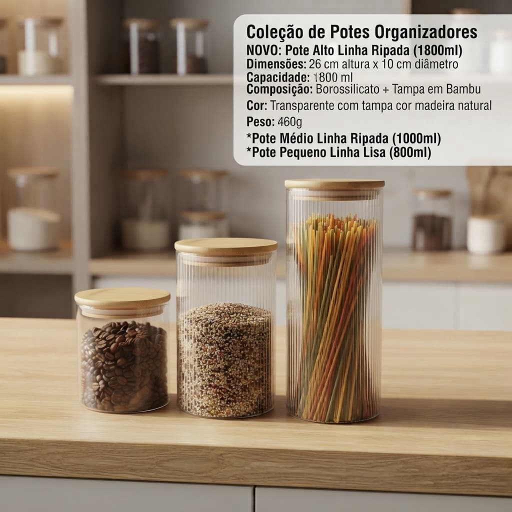 Kit Potes Bambu borossilicato Conjunto de Despensa  Modernos Listrados Vidro Textura Renovação Visual Cozinha