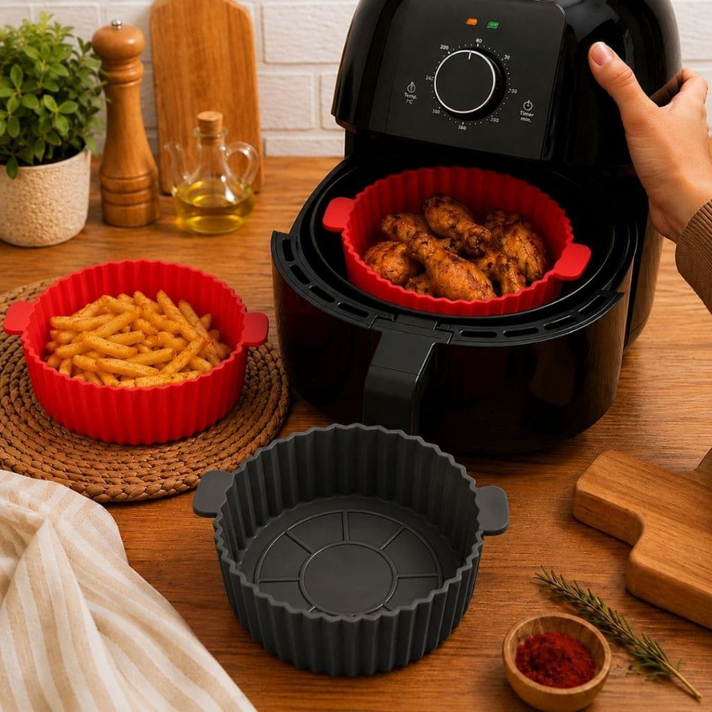 Kit 3 Forma Assadeira Air Fryer Fritadeira Silicone 20X6CM Vermelha Preta Reutilizável