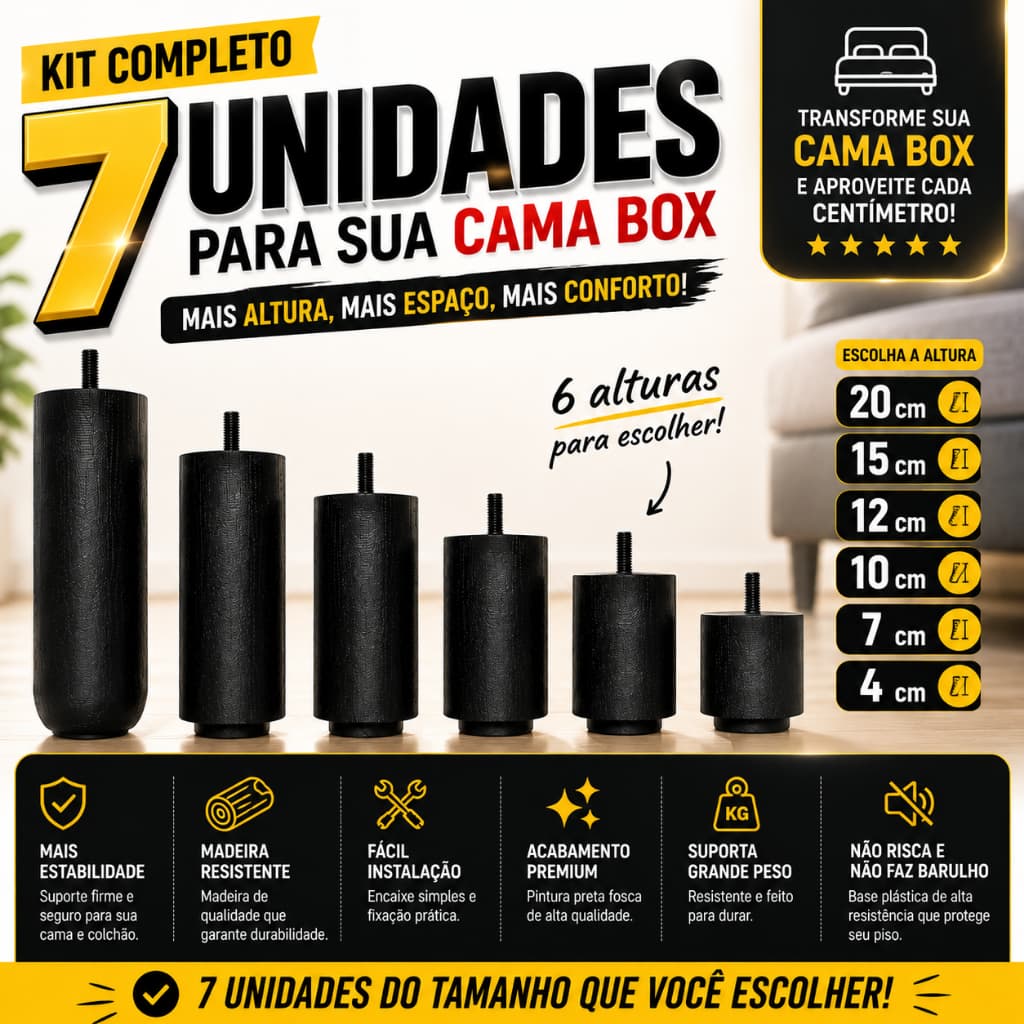 Kit 7 Pés para Cama Box Pezinho de Madeira Maciça Casal Solteiro Queen e King - Cor Preto