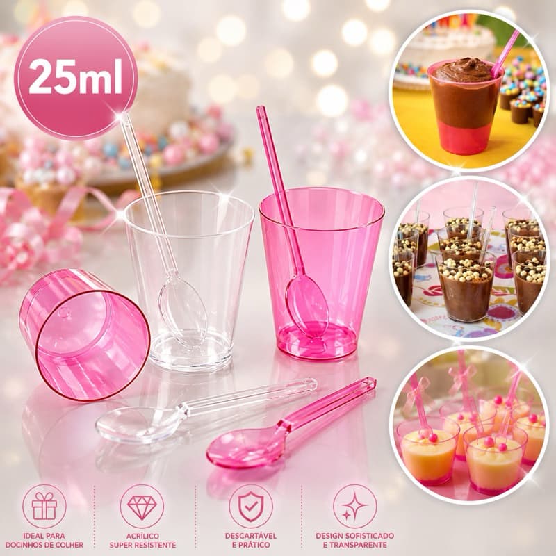 Kit Completo 100 Copos Copinhos Potinho Cristal Rosa 25ml E 100 Colheres Brigadeiro De Colher