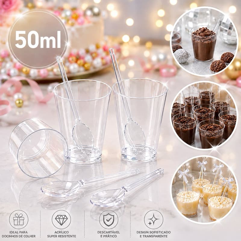 kit Completo 100 Copo Copinho Potinho Cristal 50ml e 100 Colheres Acrílico Brigadeiro De Colher Docinnho