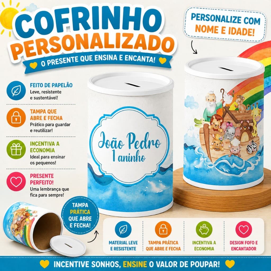 Cofrinho Personalizado Arca De Noé Baby | Festa Infantil | Kits 9/12/15/24/30 - Envio Super Rápido