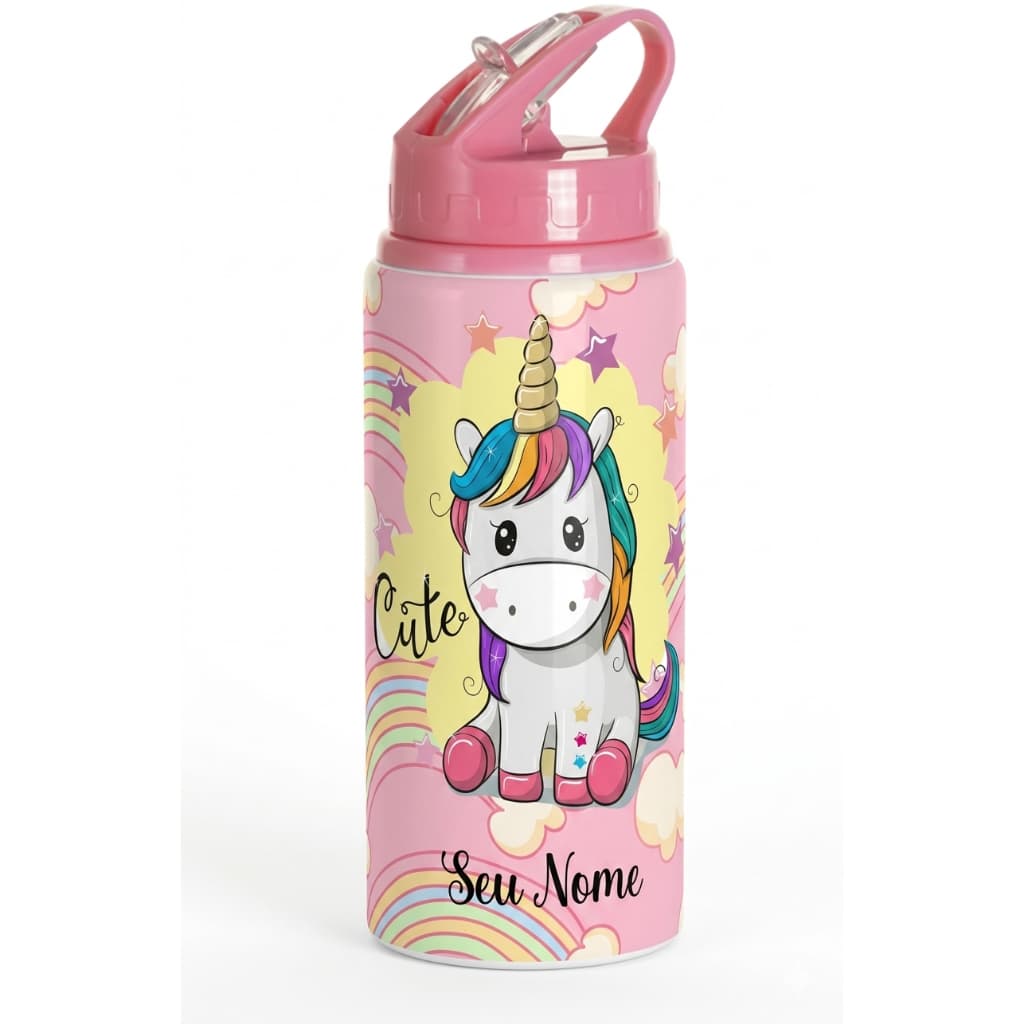 Garrafa Alumínio 600ml Personalizada Com Nome Unicórnio Pucket