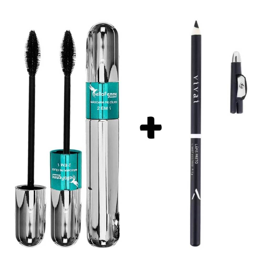 Kit Máscara de Cílios 2 em 1 Volume e Alonga + Lápis de Olho Preto Delineador com Apontador Vivai