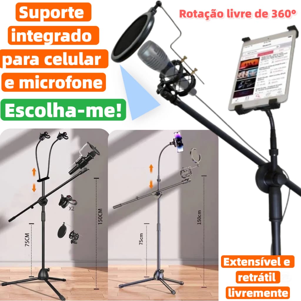 Pedestal de Microfone com Cachimbo e Suporte de Celular - Super Kit