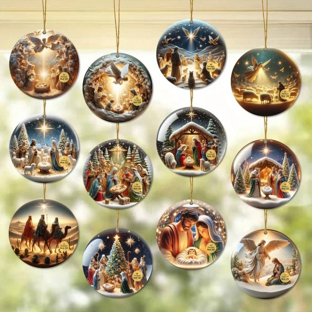 Kit 12 Enfeites Nascimento de Jesus Presépio Sagrada Família 2D Árvore de Natal