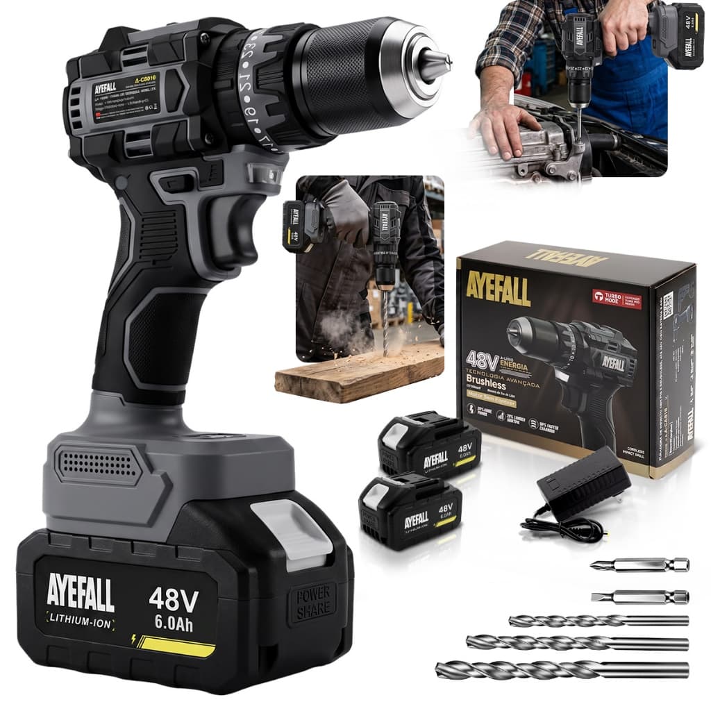Parafusadeira Furadeira De Impacto Brushless 48V 10mm Sem Fio Kit Com 2 Baterias Brocas E Acessórios