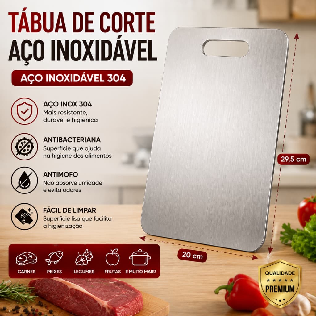Tábua de Corte Aço Inoxidável  Antibacteriana Antimofo Dupla Face para Carne Legumes Frutas Cozinha