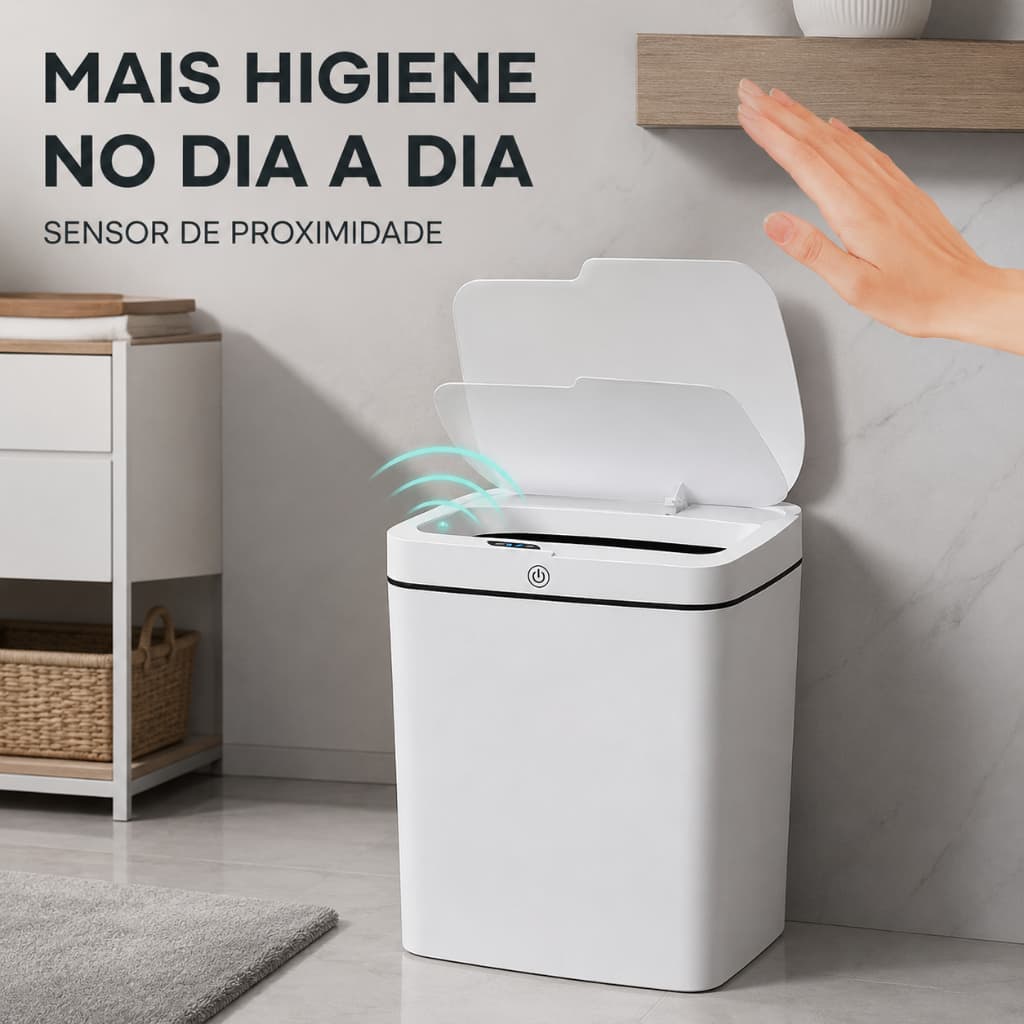 Lixeira Automática Inteligente 14L com Sensor de Proximidade Recarregável USB Branca Globalmix