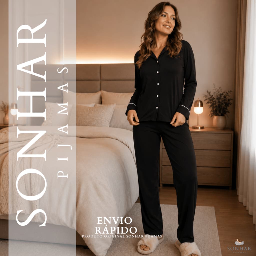 Pijama Feminino Longo de Frio Manga Longa com Botões e Detalhes em Viés Confortável