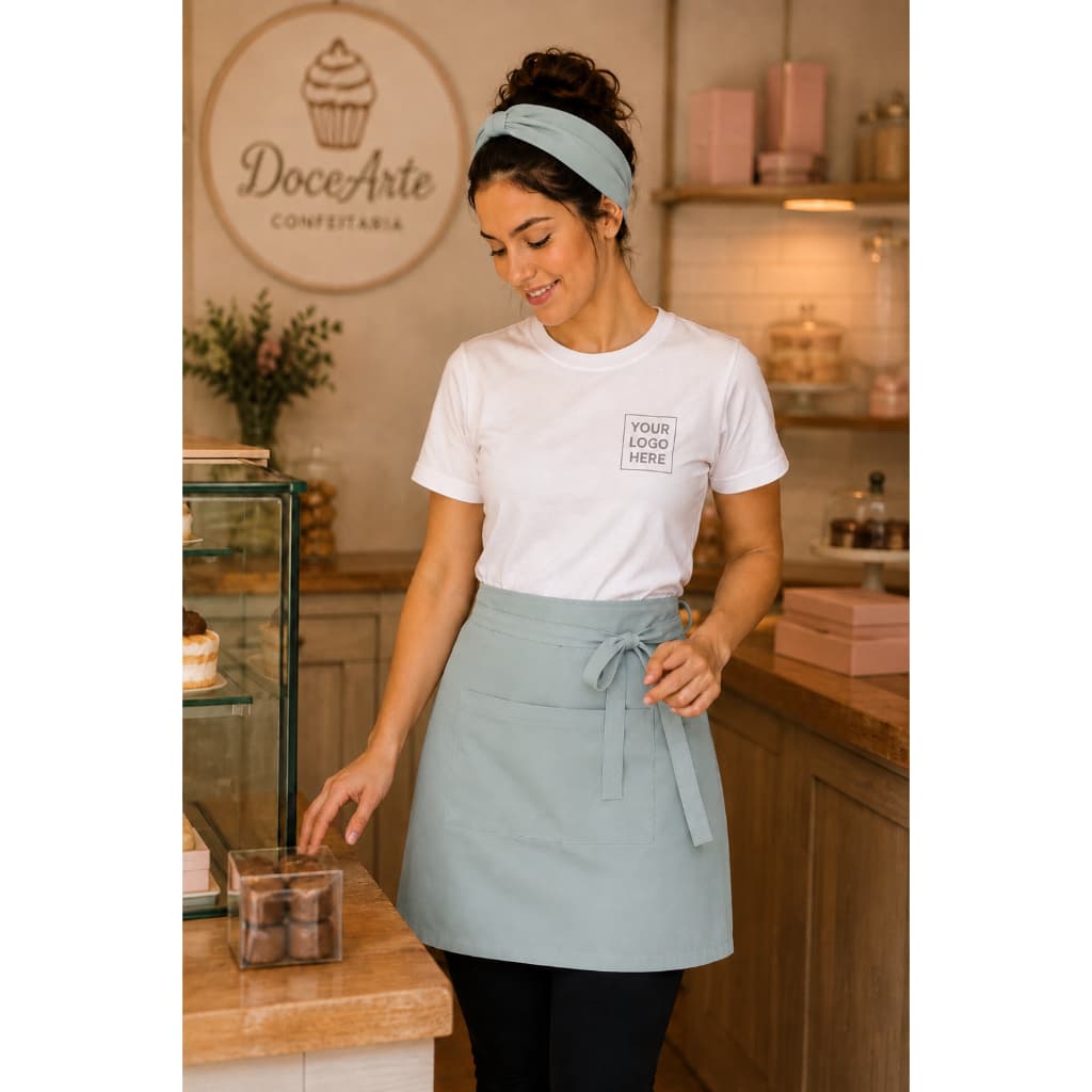 Nº2 Kit Uniforme Confeitaria Personalizado Com Logo Bordado Camiseta Avental Faixa Profissional Feminino